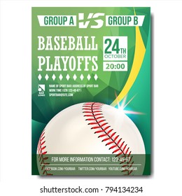 Baseball Poster Vector. Baseball Ball. Design For Sport Bar Promotion. Baseball Club, Academy Flyer. Invitation Illustration