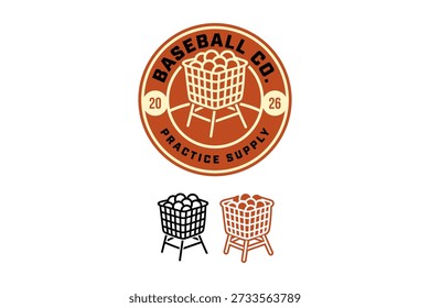 Baseball Übungskorb Retro-Badge Logo Design-Set für Sportverein. Baseball Ball Warenkorb Vintage Patch Element Design Pack für Coaching-Programm. Trainingsballkorb, Baseball Übungsgeräte