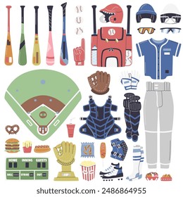 Baseball professional equipment set with catcher's uniform. Popular stadium junky fast food. Court field match map and inventory elements isolated. US outdoor sport hand drawn flat vector illustration