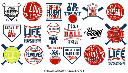 Baseball Quote Bundle, illustrations for posters, decoration, t-shirt design. Hand drawn baseball sketches with motivational typography isolated on white background. Detailed vintage drawing logo. svg