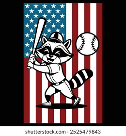 Beisebol Raccoon Bandeira americana Patriótica T-shirt