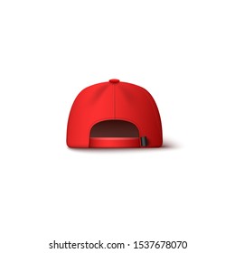 Baseball red blank cap back view 3d realistic vector mockup illustration isolated on white background. Sport hat for sportive or branding uniform clothing design.