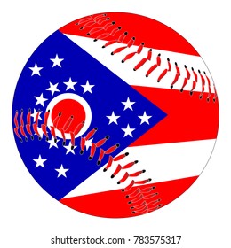 A baseball with red stitching with the Ohio state flag overlay isolated on white