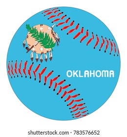 A baseball with red stitching with the Oklahoma state flag overlay isolated on white