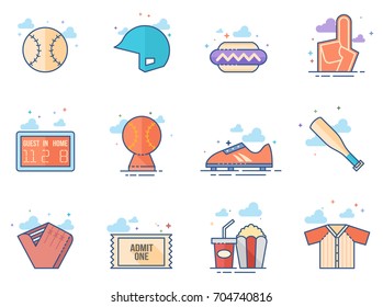 Baseball related icon series in flat color style.