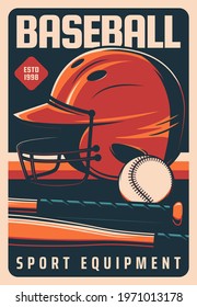 Baseball Retro Poster, Playoff Tournament And Sport Equipment, Vector. American Baseball Players Equipment Shop With Bat, Ball And Helmet For Championship And Victory Cup Game