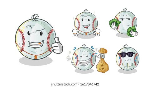 baseball rich man 5 styles cartoon.  including holding money, gold necklaces, money bags, sunglasses. cute chibi cartoon mascot vector