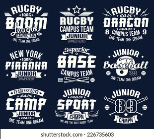 Baseball and rugby college team sport emblems . Graphic design for t-shirt. White  print on a  dark background