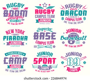 Baseball and rugby college team sport emblems. Graphic design for t-shirt. Color print on a white background