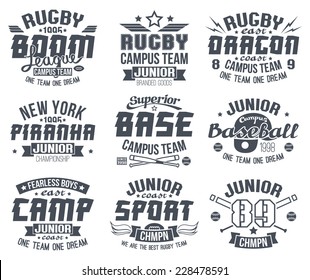 Baseball and rugby college team sport emblems . Graphic design for t-shirt. Black print on a  white background