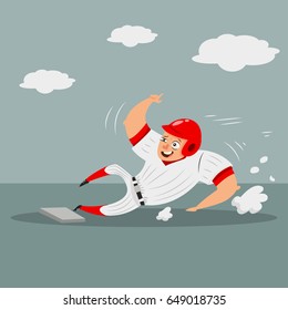 Baseball Runner Player Sliding Home Base. Cartoon Character Of A Man In Helmet And Sportswear. Vector Illustration Isolated On White Background.