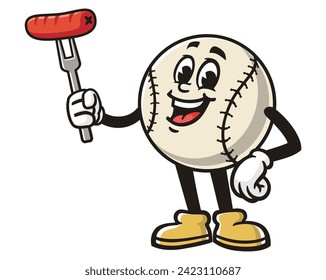 Baseball with sausage cartoon mascot illustration character vector clip art hand drawn