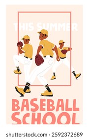 Baseball school league for children during summer holiday vacation time advertising poster vector illustration. Banner for announcement of kids sport education entertainment and health activity