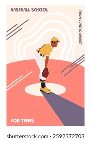 Baseball school for teens, summer sport camp for teenage schoolchildren during summer holiday vacation promotion poster, advertising banner or marketing flier design templates vector illustration