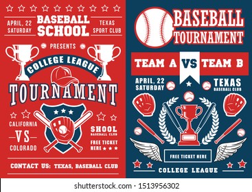 Baseball school tournament, bat and ball, champion trophy cup. Vector announcement poster, softball sporting items equipment. Catcher glove and prize with laurel branches