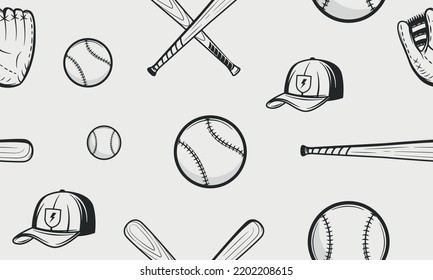 Baseball seamless pattern. Baseball background. Vintage baseball icons isolated on white background. Vector illustration