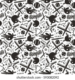 Baseball seamless pattern. Black print on white background