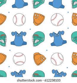 Baseball Seamless Pattern. Catcher Helmet, Gloves, and Ball Pattern