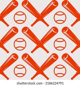 Baseball Seamless Pattern With Crossed Bat And Ball. Red Print On White Background