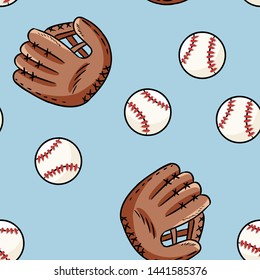 Baseball seamless pattern. Cute doodle hand drawn balls and gloves on blue background tile