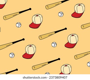 nahtloses Baseball-Muster, flache Mütze, Baseball, handgezeichnete Dodle-Illustrationen für den Hintergrund, Sportverpackungspapier