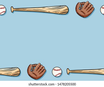 Baseball seamless pattern. Letter template. Cute doodle hand drawn balls, gloves and bats on blue background tile