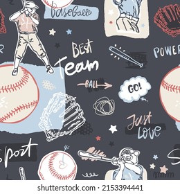 Baseball seamless pattern on a dark background. Sports background with lettering, baseball players, balls for textile design, covers. Hand drawing, motivation.