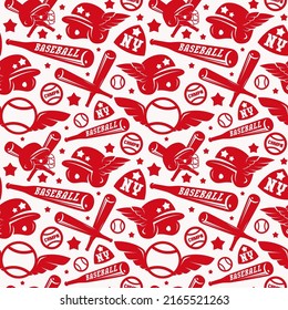 Baseball seamless pattern. Red print on white background