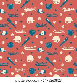 Baseball seamless pattern with retro red background. Sports backdrop with ball, cap, baseball bat, batter helmet. Wrapping paper, sports textile, fabric, kids wallpaper