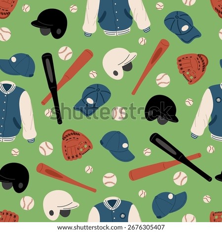 Baseball seamless pattern. Sport bat and ball. Uniform helmet and coat. Sportswear for playing athletic game. Repeated print. Championship league. Pitchers softball. Sportsman cap. Vector background