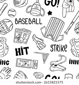Baseball seamless pattern. Sport doodle equipment, ball bat uniform boots ticket. Sporty print for fabric web design wallpaper, neoteric vector background