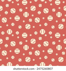 Baseball seamless pattern. Sports  backdrop. White red retro colors, wrapping paper, sports textile, fabric, kids wallpaper, repeat motif. Vector illustration with flying balls on red background