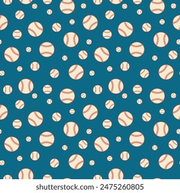 Baseball seamless pattern. Sports background, backdrop. Blue white red retro colors wrapping paper, sports textile, fabric, kids wallpaper, repeat motif. Vector illustration with flying balls