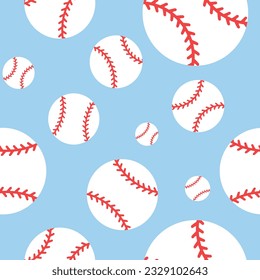 Patrón sin costuras de béisbol, ilustración vectorial, bola blanca con cordones rojos y fondo azul claro. Papel de fondo de juego deportivo