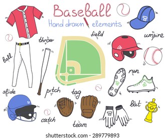 Baseball set background, hand drawn vector illustration of various stylized baseball icons, baseball equipment, baseball icons sketch, baseball field, ball, mitt