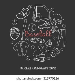 Baseball set background, hand drawn vector illustration of various stylized baseball icons, baseball equipment, baseball icons sketch, baseball field, ball, mitt