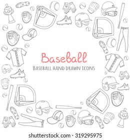 Baseball set background, hand drawn vector illustration of various stylized baseball icons, baseball equipment, baseball icons sketch, baseball field, ball, mitt