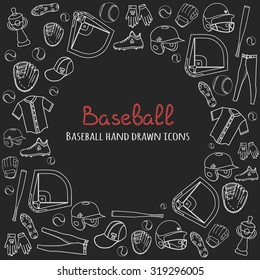 Baseball set background, hand drawn vector illustration of various stylized baseball icons, baseball equipment, baseball icons sketch, baseball field, ball, mitt