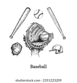 Baseball set, hand drawn illustrations in vector, sketches of sporting equipment