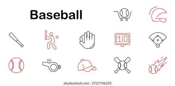 Ícone de jogo de beisebol. Morcego, luva, bola, campo, placar, jogador, capacete, assobio, boné, greve, arremesso, apanhador, crossbats, lançamento, equipe, jogo.