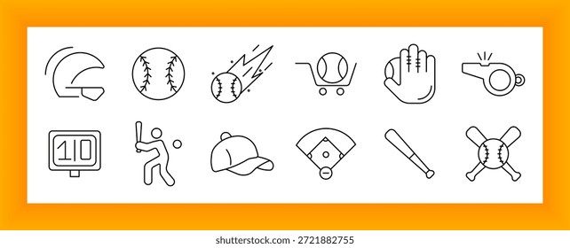 Baseball-Symbol. Helm, Ball, Handschuh, Pfeife, Anzeigetafel, Schläger, Mütze, Diamant und Spieler Silhouetten, die Baseball-Sportausrüstung, Action und Field-Arrangements veranschaulichen.