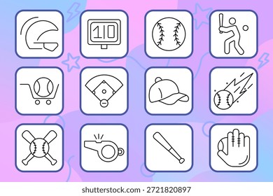 Ícone de jogo de beisebol. Capacete, placar, campo, taco, luva, boné, apito, bola, swing, taco duplo, arremesso rápido. Jogo, esporte, equipe, equipamento.