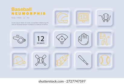Conjunto de béisbol icono. Casco, marcador, Carrito de compras con pelota, guante, jugador, silbato, gorra, bates cruzados, pelota rápida, bate, bola cosida dibujada en un diseño de contorno plano neumático.