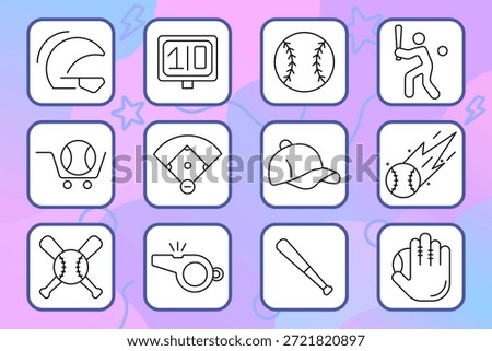 Baseball set icon. Helmet, scoreboard, field, bat, glove, cap, whistle, ball, swing, double bat, fast pitch. Game, sport, team, equipment.