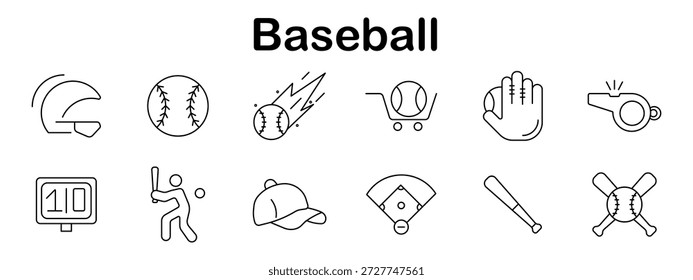 Baseball-Symbol. Elemente im Linienstil, die Helm, Handschuh, Ball, Schläger, Anzeigetafel, Feld, Pfeife, Spieler und Mütze darstellen, die Baseball-Gameplay und -Ausrüstung darstellen