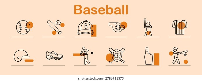 Baseball set icon. Line symbols depict baseball ball, bat, cap, whistle, batter stance, jersey, helmet, cleats, pitcher throw, crossed bats shield, foam finger, hitting player.
