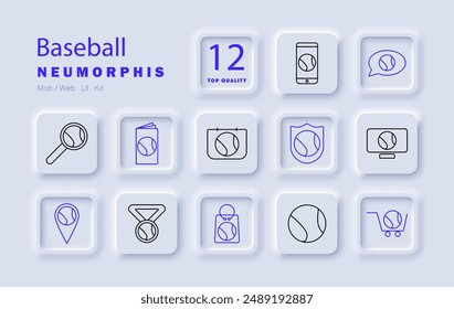 Baseball set icon. Magnifying glass, smartphone, calendar, shield, monitor, map pin, medal, backpack, baseball, shopping cart, sports equipment, team sport.