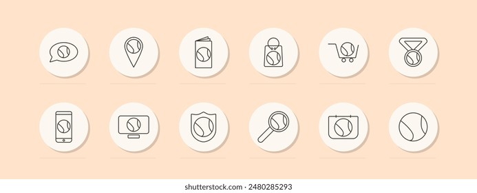 Baseball set icon. Speech bubble, location, flyer, shopping bag, cart, medal, mobile, TV, shield, magnifying glass, calendar, ball. Sports, baseball concept. Vector line icon on peach background.