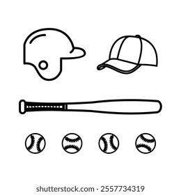 Baseball set icons. Bat or stick, ball, helmet, hat. Line style vector illustration