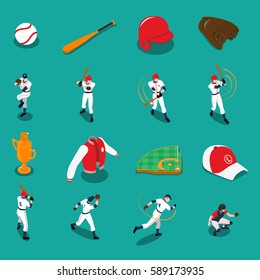 Baseball set of isometric icons with players sports gear and trophy on turquoise background isolated vector illustration